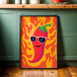Coole chili peper afdrukbare muurkunst – grappig pittig keukendecor, gewaagde rode en oranje vlamkunst, minimalistische voedselillustratie