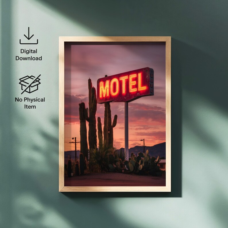 Pode incluir: Impress&atilde;o digital emoldurada com um letreiro de n&eacute;on "MOTEL" contra um c&eacute;u ao p&ocirc;r do sol. A imagem inclui cactos do deserto e uma est&eacute;tica vintage, evocando uma sensa&ccedil;&atilde;o de viagem e design retro.