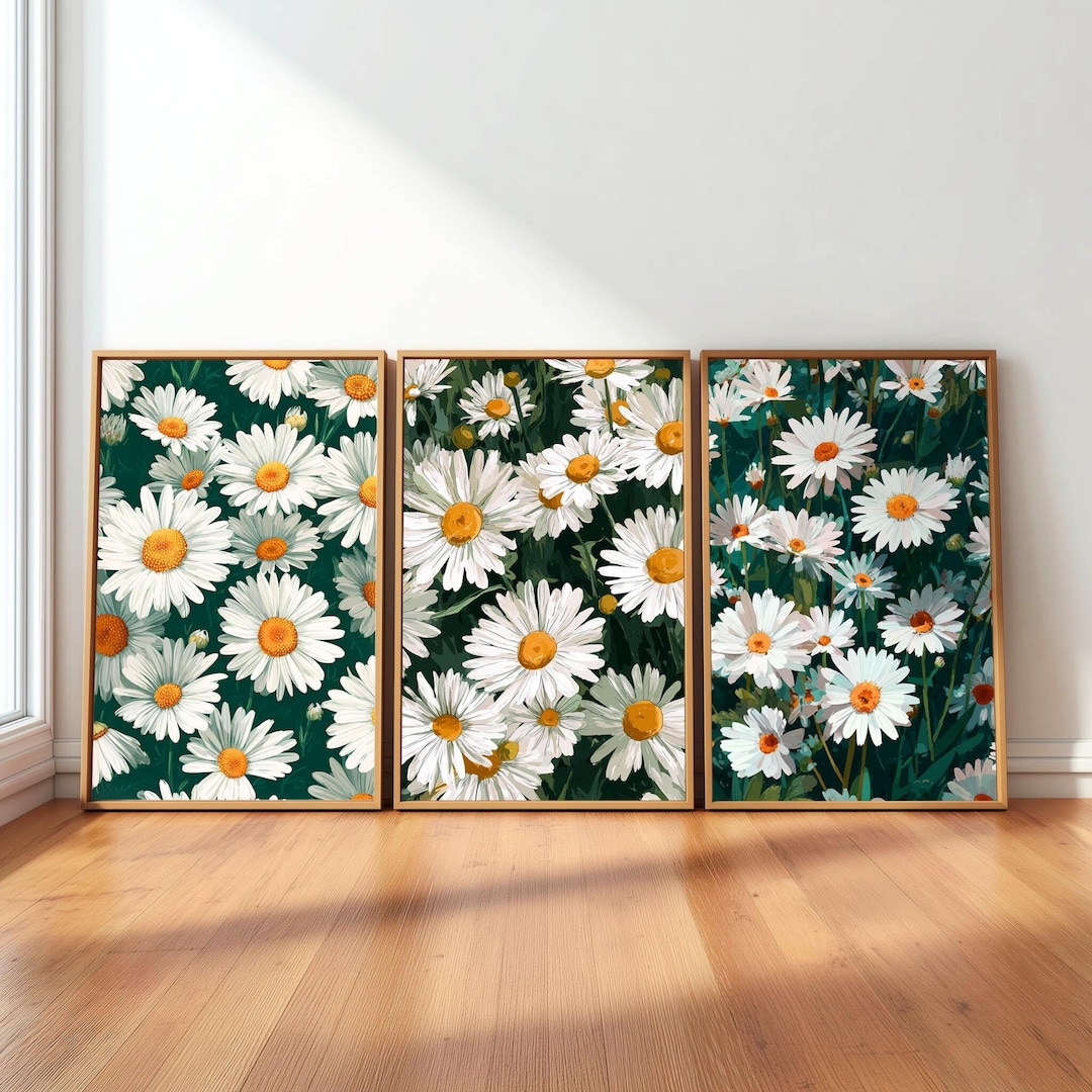 Daisy Flower Wall Art Set of 3 Prints – White Floral Botanical Prints ...
