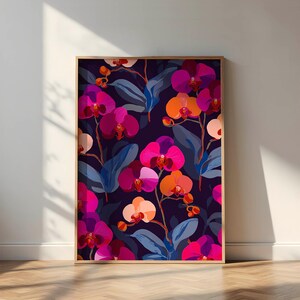 Modern Orchid Floral Print: Blue Leaves Botanical Wall Art (Digital Download)