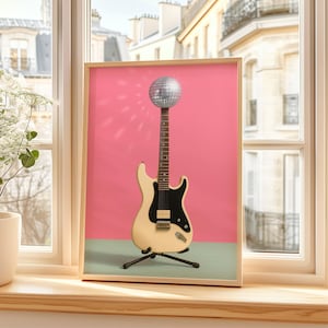 Funky Retro Disco Ball Gitarre Wand Kunst Poster, Neon Vibes Raumdekor, Preppy ästhetischer Druck für Musikliebhaber und mutige Innenräume
