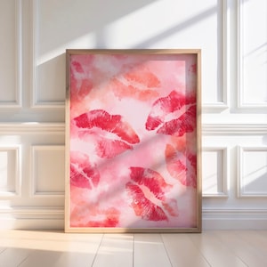 Retro Kiss Lips Wall Art Printable, Pink Red Watercolor Kisses, Funky Girly Preppy Wall Decor for Bedroom or Dorm