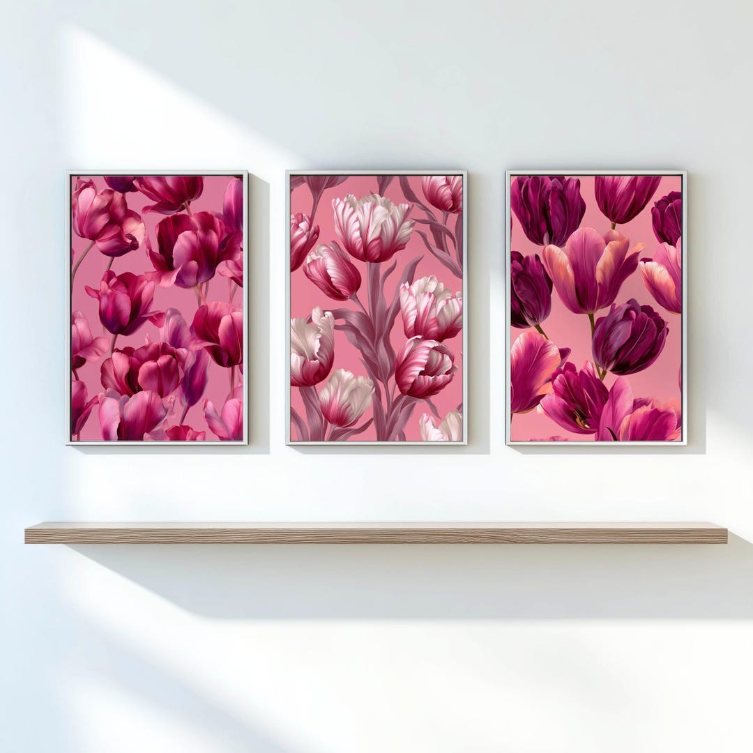 Dark Tulip Wall Art Print Set: Pink & Burgundy Floral Triptych (digital ...