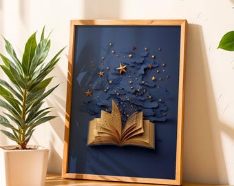 Magical Book and Stars Wall Art Printable – Fantasy Night Sky Nursery Decor, Dreamy Kids Room Digital Download
