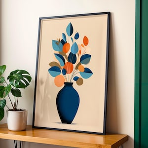 Impresión de jarrón inspirado en Matisse, arte mural floral abstracto moderno, póster botánico minimalista, decoración imprimible en azul y naranja.