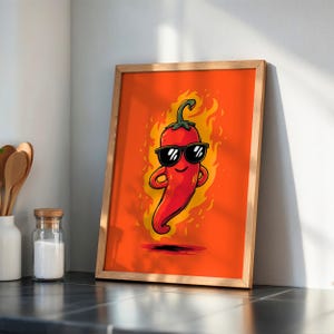 Afdrukbare muurkunst Hot Chilli – Coole cartoonpeper met zonnebril, vurig rood keukendecor, gewaagde minimalistische voedselposter