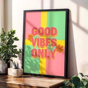 Good Vibes Only Retro Wall Art Print – Preppy Aesthetic Room Decor, Funky Pastel Printable Poster, Trendy 70s Style Art