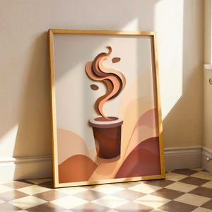 Coffee Cup Wall Art Printable, 3D Cut-Out Style Coffee Decor, Modern Abstract Warm Neutral Tones Cafe Wall Art Poster, Coffee Lover Gift