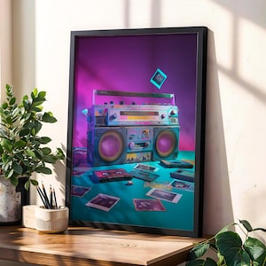 Boombox Wall Art Printable, 80s Music Vibes with Cassette Tapes & Polaroids | Vibrant Neon Printable Poster