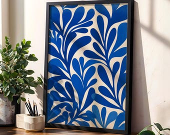 Blue Coral Leaf Print Wall Art, Minimalist Matisse-Inspired Botanical Poster, Abstract Leafy Ocean Design, Printable Decor