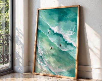Sage Green Surfers Wall Art Print, Abstract Ocean Waves Watercolor, Coastal Beach Aesthetic Printable Decor