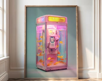 Payphone Aquarium Wall Art Print, Retro Goldfish Aesthetic Decor, Vaporwave Surreal Poster for Eclectic Spaces