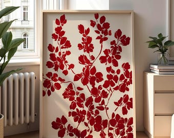 Red Floral Silhouette Wall Art Print – Bold Abstract Botanical Printable Decor for Modern Home or Office