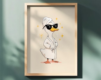 Funny Bathroom Duck Wall Art Printable – Cool Goose in Robe & Sunglasses, Cute Bathroom Decor for Kids or Guest Washroom