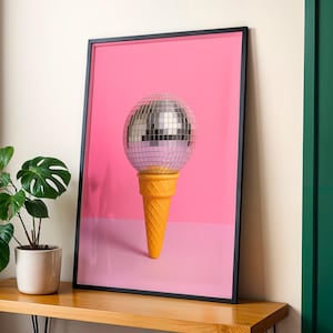 Disco Ball Eis Poster Wandkunst Preppy Funky Retro Decor Neon Ästhetik für Schlafzimmer, Wohnheim oder lustige Party Vibes