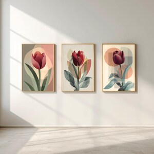 Burgundy Tulip Print Set of 3: Abstract Geometric Botanical Art (Digital Download)