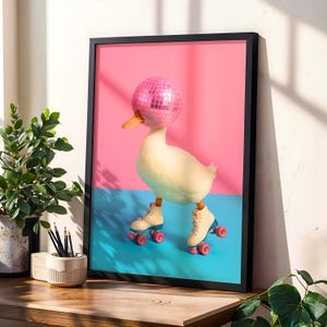 May include: A white duck wearing a pink disco ball on its head is roller skating on a blue and pink background. The duck is wearing white roller skates with pink wheels.