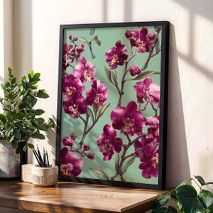 Deep Magenta Orchid Wall Art Printable – Botanical Flower Illustration on Soft Green Background, Digital Floral Decor