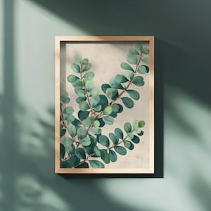 Impressão de arte de parede botânica, pintura de galho de folha oval verde, decoração minimalista de natureza para impressão para quarto ou sala de estar