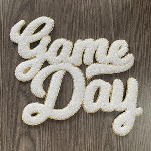 White Game Day w/Gold Trim Chenille Iron-on Patch