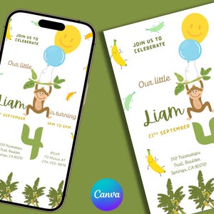 Editable Monkey Birthday Invitation, Jungle Monkey Party Invite, Baby Monkey Theme, Digital Download, Monkey Birthday Template, 4th birthday