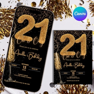 21st Birthday Invitation: Gold Glitter Glam Party Ecard (Digital Download, Editable Canva Template)