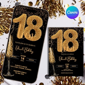Faire-part numérique 18e anniversaire, invitation à une fête de paillettes d'or, carte électronique d'anniversaire pour adolescents, modèle modifiable 18e anniversaire, téléchargement immédiat