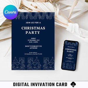 Tarjeta de invitación navideña / Tarjeta digital / Imprimible / Editable / Invitación a fiesta / Plantilla Canva / Celebración / Tarjeta minimalista