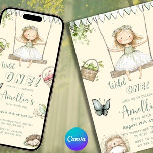 Convite de aniversário editável para Garden Girl, Some Bunny Is One, Convite de primeiro aniversário Wild One, Tema de jardim floral, Modelo para download instantâneo
