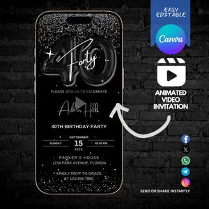 40th Birthday Digital Invitation, Dark Theme Party Evite, Editable Electronic Invite, Animated 40th Birthday Video Canva Template