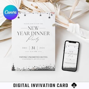 Tarjeta de invitación de Año Nuevo / Tarjeta digital / Imprimible / Tarjeta editable / Invitación / Plantilla Canva / Celebración / Nochevieja / Fiesta de Año Nuevo