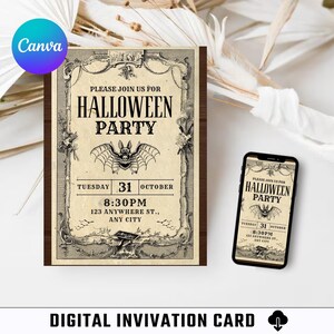 Tarjeta de invitación de Halloween / Tarjeta digital / Imprimible / Editable / Invitación a fiesta / Plantilla Canva / Celebración / Tarjeta minimalista