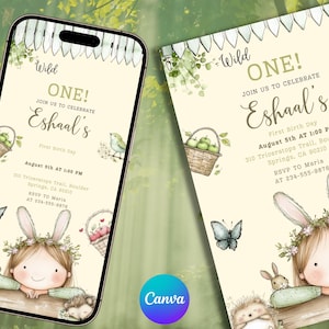 Convite de aniversário editável para coelhinha, "Some Bunny Is One", convite de primeiro aniversário "Wild One", tema "Jardim Floral", modelo para download instantâneo