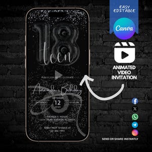 18th Birthday Digital Invitation, Dark Theme Party Evite, Editable Teen Electronic Invite, Digital 18th Birthday Animated Invitation
