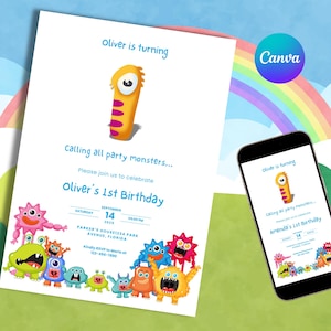 Kleurrijke monster 1e verjaardagsuitnodiging, bewerkbare digitale feestuitnodiging | Leuke kindere-card, direct download, afdrukbare monsterverjaardagskaart