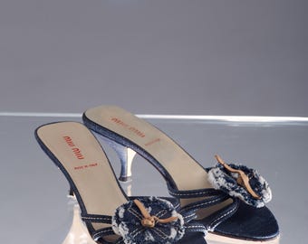 Miu Miu Vintage Denim Kitten Heels With Flower Appliqué - Etsy