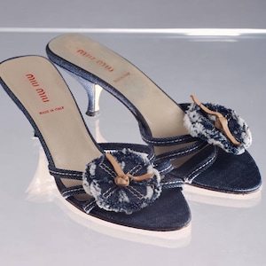 Miu Miu Vintage Denim Kitten Heels with Flower Appliqué