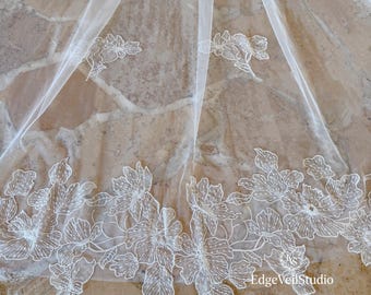 Broderad spetsslöja, pärlbesatt brudslöja i spets, blommig spetsslöja, katedrallång blommig slöja, lång spetsslöja i ett lager, tillverkad på beställning