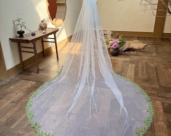 Green Leaf Lace Wedding Veil Long Lace Veil for Bride Cathedral Wedding Veil with Lace Applique Forest Wedding Veil  Ivory Single Tier  Veil