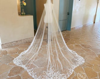 Cathedral Length Wedding Veil, Ivory Lace Veil, Floral Beaded Lace Veil, Irregular Hem Lace Veil,Embroidered Lace Veil,Floral Veil with Comb