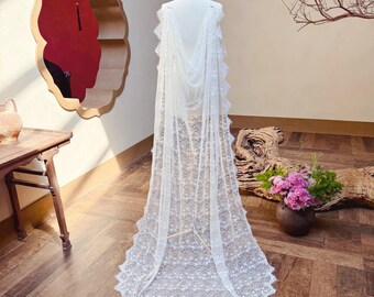 Elegant Eyelash Edge Lace Cape Veil Ivory Shoulder Cape for Bride Floral Lace Cape V Back Bridal V-back Bridal Cape