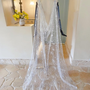 May include: A sheer white cape with a celestial design of stars and moons, draped over a mannequin. The cape features silver embellishments and a flowing, ethereal quality, perfect for costumes or special events.