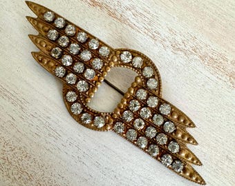 Antique Art Deco Rhinestone Brooch | 1920s Sparkling Wing Motif Pin | C-Clasp Brass Brooch | Early Costume Jewelry | Flapper Era Accessory