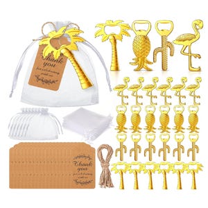 24 Tropical Bottle Opener Favor Set Hawaii Party Guest Gifts Luau Baby Shower Summer Wedding Return Exotic Souvenir Organza Bag Thanks Tags