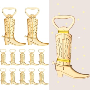 May include: Gold-colored metal bottle openers shaped like cowboy boots. The boot openers have a spur and decorative stitching. The handle is a loop for easy use. A fun and functional item for a Western-themed bar or kitchen.