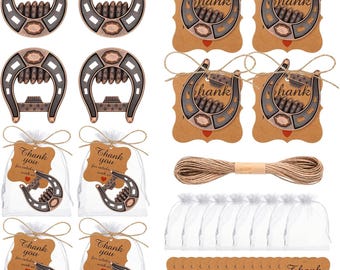 May include: A collection of horseshoe-shaped bottle openers and party favors. The openers are bronze and black, with a detailed design. The favors include small bags with horseshoe charms and tags that read "Thank you". Also included are twine and small tags.