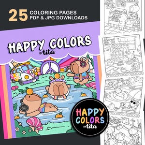 Pode incluir: Uma capa de livro para colorir com uma ilustração de desenho animado de três hipopótamos usando óculos de sol e curtindo um dia no lago. A capa é roxa e tem o texto "HAPPY COLORS by tita".