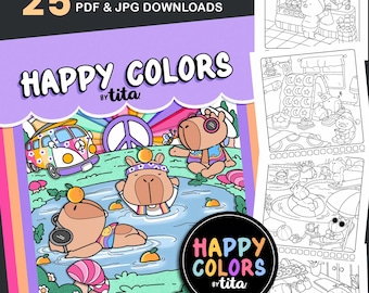 Capybara coloring book, coloring pages with cute capybaras, 25 cute and relaxing pages, pdf file, instant download