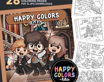 School of Magic coloring book, coloring pages with cute wizards and witches, School of Witchcraft and Wizardry, relaxing pages for all ages
