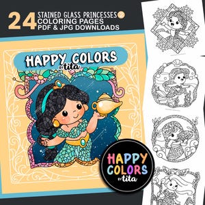 Könnte beinhalten: Ein digitaler Download von 24 Ausmalbildern mit Prinzessinnen in Glasmalerei. Das Cover zeigt eine farbenfrohe Illustration einer Prinzessin, die eine goldene Lampe hält, mit dem Text "Happy Colors by tita". Zusätzliche Schwarz-Weiß-Ausmalbilder sind ebenfalls abgebildet.